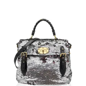 Pre-owned miu miu Leather tote bags Two Way Bag Sequin Calfskin Silver Black (gy041226a2)