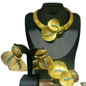 Italian Style Jewelry Set with Gold Plated Orchid Design and Turquoise Accents for Women