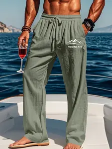 Men's Summer Casual Hawaiian Linen Long Pants, Breathable Comfortable Fit, Simple Solid Color with Print, Perfect for Beach & Street Style