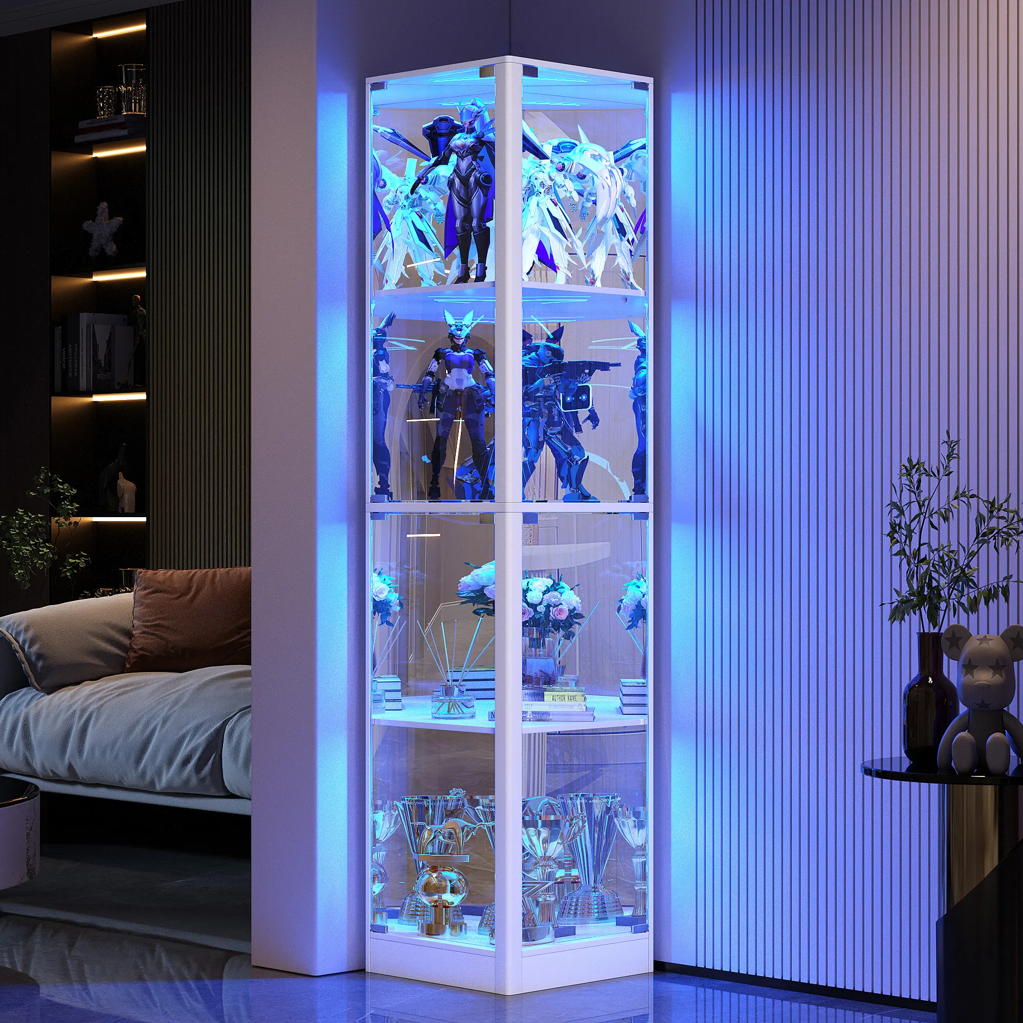 FREDEES Corner Display Cabinet with Glass Doors, 68" Display Case with LED Lights, 4-Tier Curio Cabinets for Collectibles, Toys, Books, Mirrored Storage Cabinet