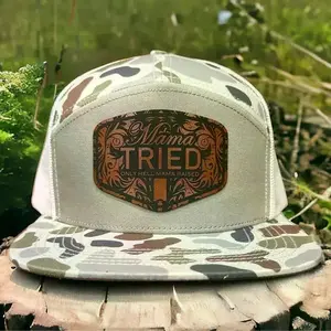 “Mama Tried” Duck Camo Trucker Hat – Premium Leather Patch Flat Bill Snapback, Mother’s Day Gift