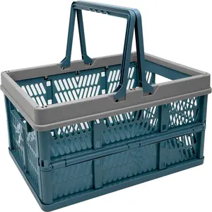 17" Milk Crate (Deepblue),24L Collapsible Crate for Shopping and, Foldable Shopping Basket with Handles,Car Trunk Basket,for