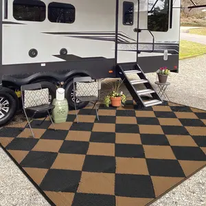Garvee Outdoor Rug 9x18, Reversible Plastic Straw Mat with Carry Bag, Easy to Clean Checkered Floor Carpet for RV, Patio, Camping, Deck, Picnic(Black Brown)
