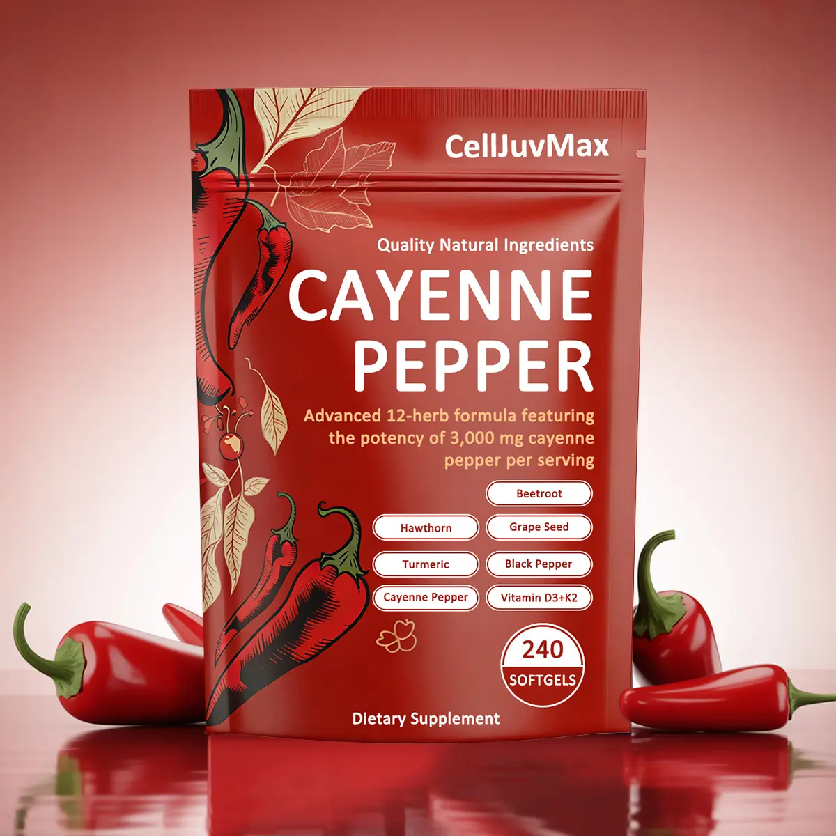 CellJuvMax Cayenne Pepper Softgels Supplement with Vitamin E D3 K2 & Herbal Extracts for Leg Vein Heart Blood Vessel Health 12-in-1 Botanical Formula