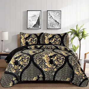 Black Quilt Set  Size, Boho  Damask Bedspread Coverlet Set Soft Lightweight Microfiber Bedding Set 3 count for  Season (104"x90")