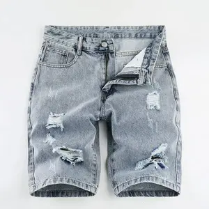 HuaHua'shop Luxury Men's Clothing Fashion Korean Solid Denim Knee Length Shorts for Men Casual Summer Cowboy Distressed Streetwear Pants