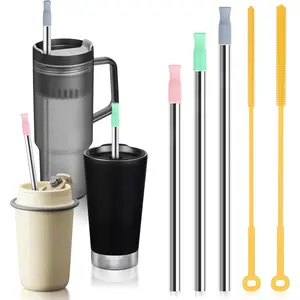 8-Piece Reusable Straw Set: 3 Metal Straws, 3 Silicone Tips & 2 Extra-Long Cleaning Brushes for Tumblers, Sports Bottles, and Steel Mugs