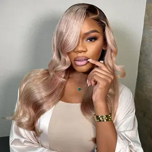 Dark Brown Roots Ombre Milk Blonde Body Wave Wig 13X6 Lace Front Human Hair Wigs 200 Density Lace Wig Pre Plucked  Transparent T4 Blonde Brazilian Remy Hair Wig  Hu