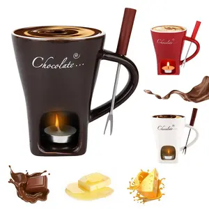 Chocolate Fondue Mug, Ceramic Fondue Cup Set, Sweet Chocolate Melting Mug with Fork, Mini Personal Fondue Cups Tealight for Cheese, Butter, Gentle Heating, Easy Clean, Romantic Gift