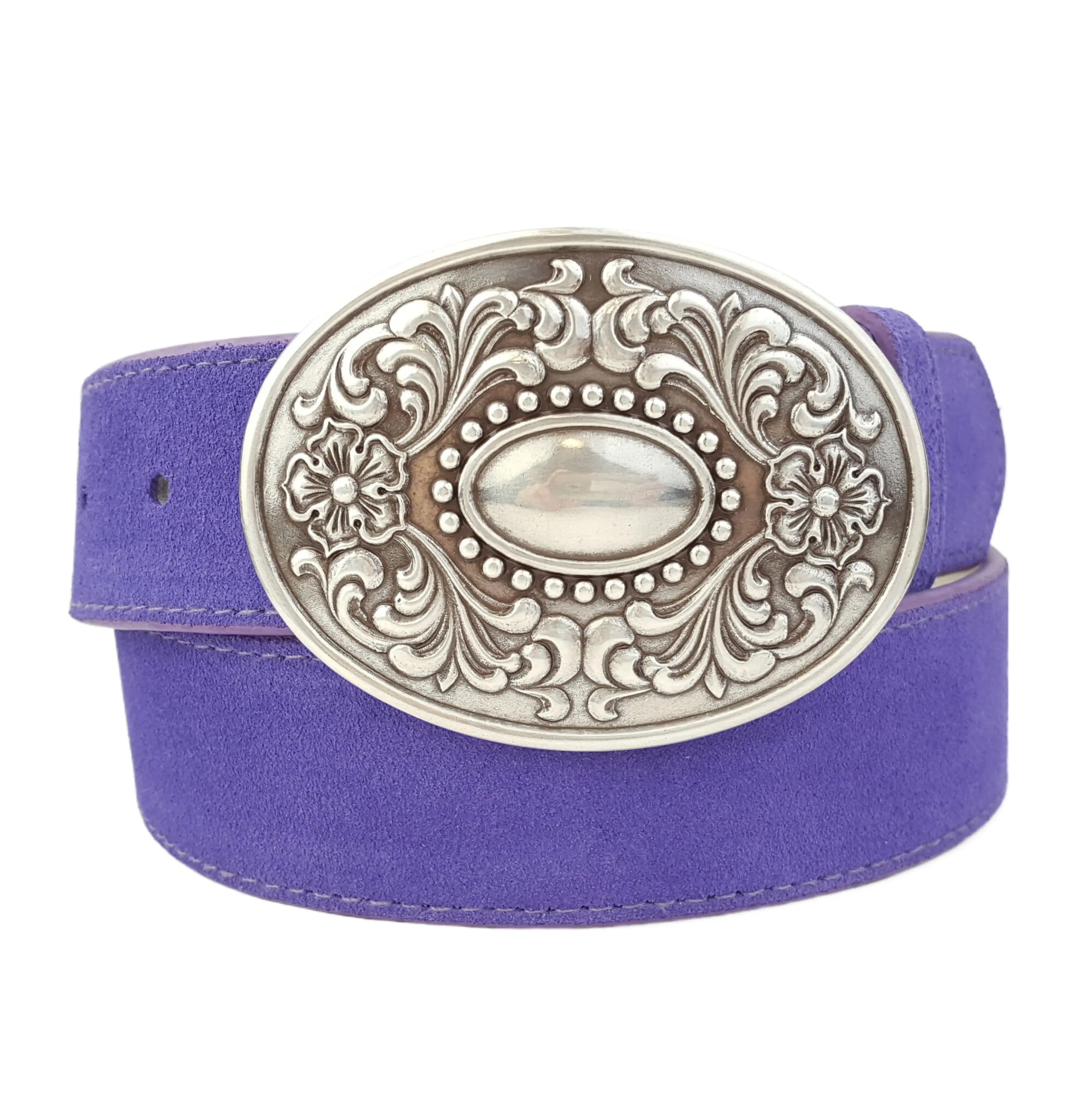 Genuine Purple Suede Belt w. Western-Inspired Silver Oval Buckle