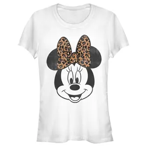 Junior's Mickey & Friends Minnie Mouse Cheetah Print Bow T-Shirt