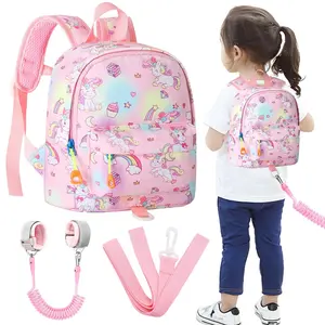 Toddler Backpack Leash with Anti Lost Wrist Link, Cute Mini Child Walking Harnesses Keep Kids Close Back Pack Rope Tether Rein for Baby Girls (Pink Colorful/Unicorn)