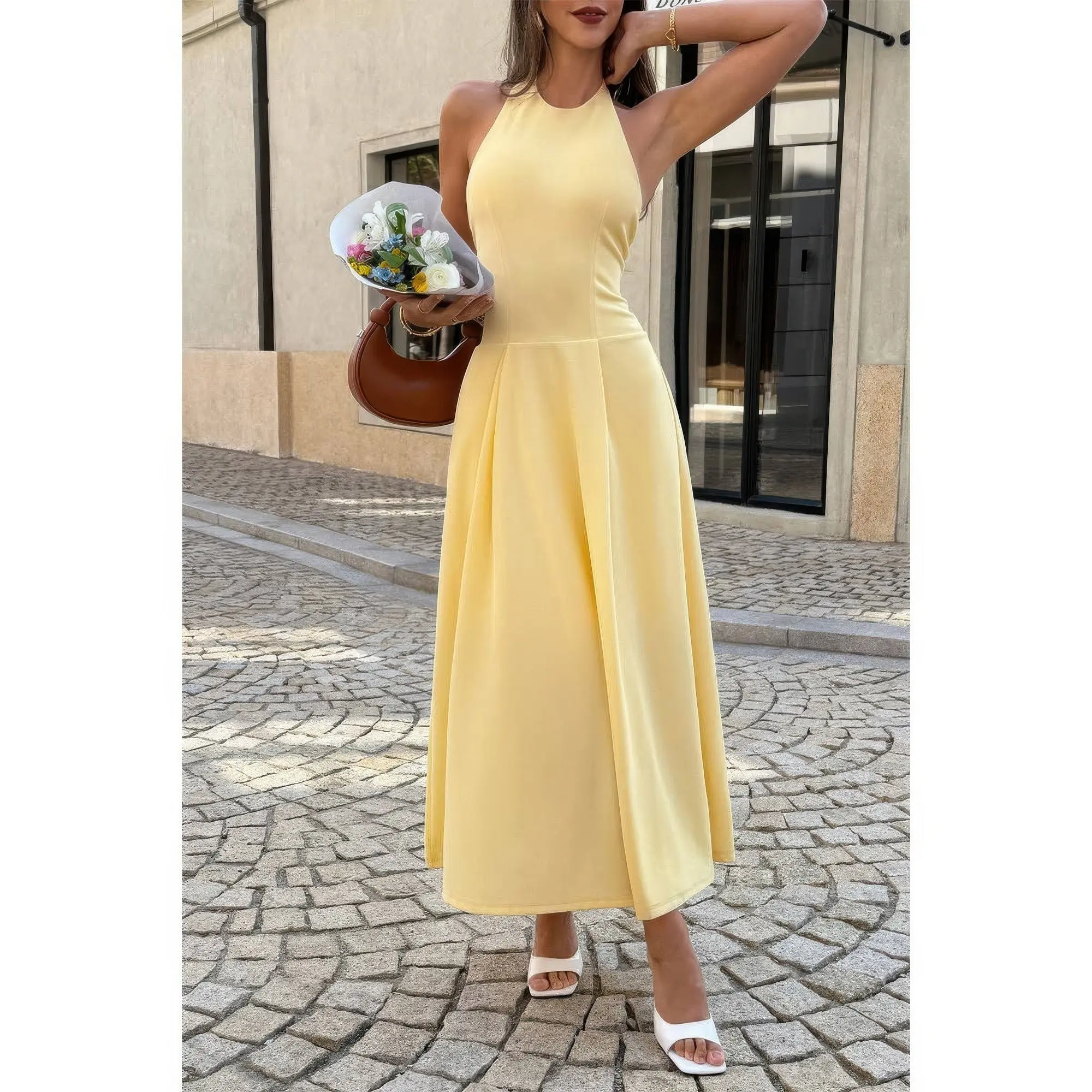 Stacey B's Halter Solid Dropped Hem Midi Dress