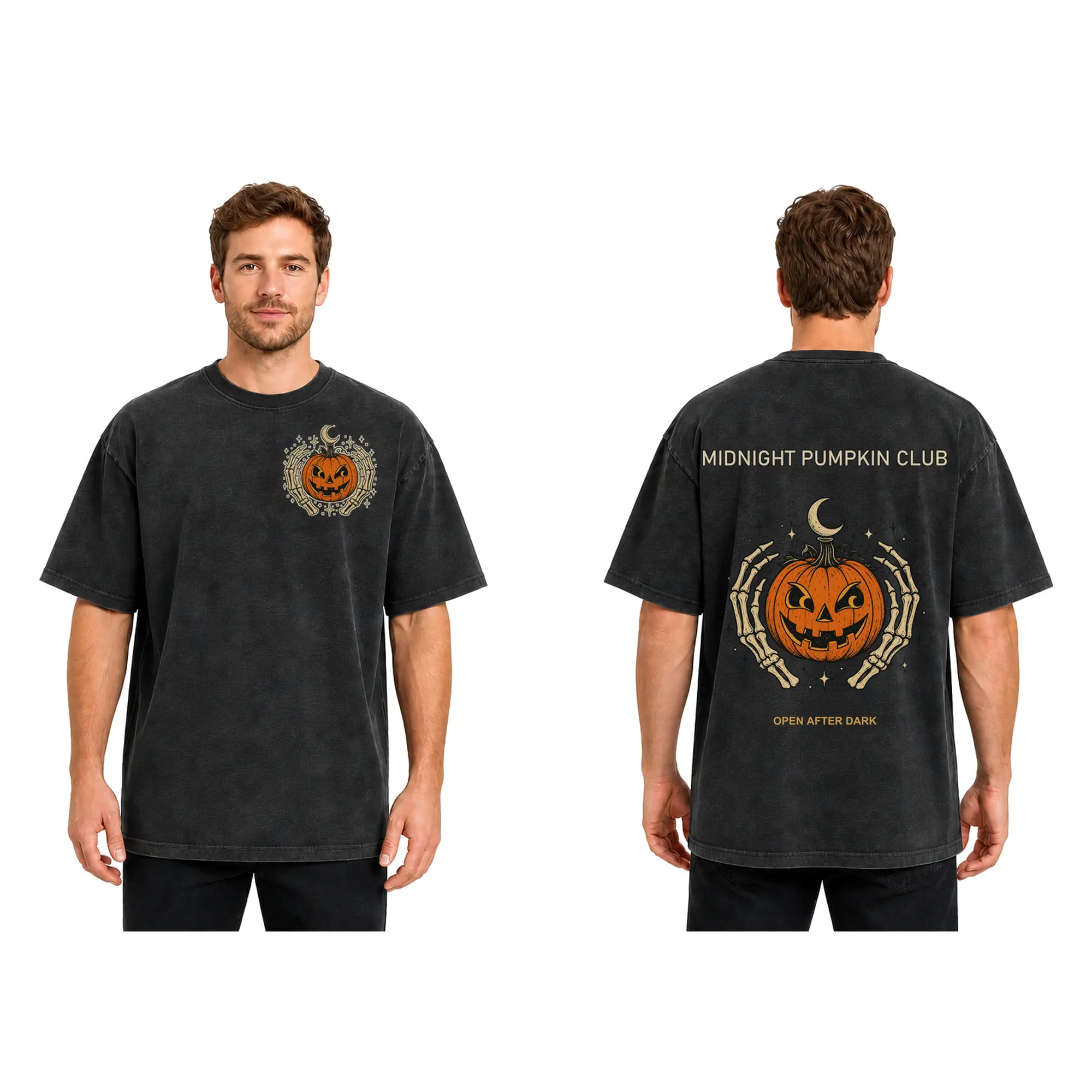 Midnight Pumpkin Club Tee | Spooky Retro Halloween Graphic T-Shirt for Men Women, Vintage Aesthetic Pumpkin Gothic Top, Fall Vibe Casual Tee Vintage Halloween Skeleton Hands Shirt
