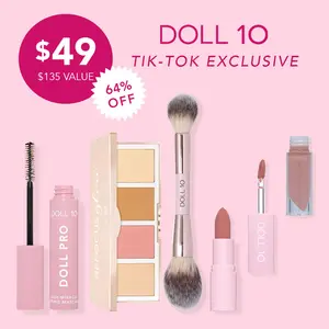 10 Minute Face Bundle | Refocus Glow Face Palette, Double-ended Brush, Lip Wardrobe Lipstick, & Doll Pro Mascara Makeup Set Cosmetic Flawless