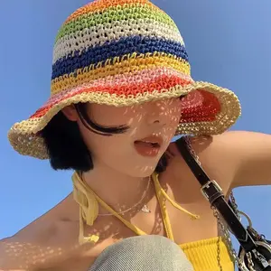 Summer woven sun hat, beach sun protection hat for women, fresh style for traveling and vacation, breathable, foldable bucket hat, rainbow handmade straw hat