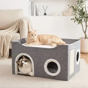 Double-Layer Foldable Cat House | Semi-Enclosed Bed & Sisal Scratcher | For Anxious Cats Soft Sided Kennel Safe Cage Kennel
