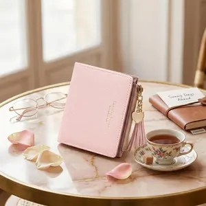 Women's Pretty Mini Slim Wallet with Love Pendant and Tassels - Tiny Thin Short Zip Coin Purse Card Holder for Girls, Small Compact Design Perfect for Daily Use, Gift Idea, Available in Pink