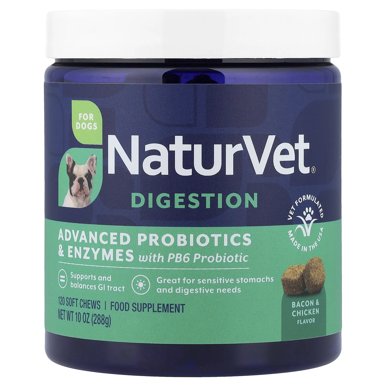 NaturVet Digestion, Advanced Probiotics & Enzymes with PB6 Probiotic, For Dogs, Bacon & Chicken, 120 Soft Chews, 10 oz (288 g)