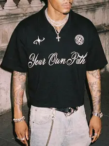 Your Own Path Graphic Polo Shirt Men, Y2K Vintage Script Letter Print Oversized Polo Tee, Black Streetwear Graphic Top, Daily Wear, Street Style, Casual, Men's Retro Streetwear #springsaledeals2026 #summeroutfits #tiktokshopmademebuyit #menspoloshirt