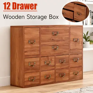 12 Drawers Apothecary Cabinet Library Card Catalog Cabinet Card Catalog Drawer with Metal Handles & Label Slot Wooden Desk Drawer Organizer Small Stationery Storage Rack Library Card Catalog Cabinet for Herb Storage, Tea Collection (Brown)