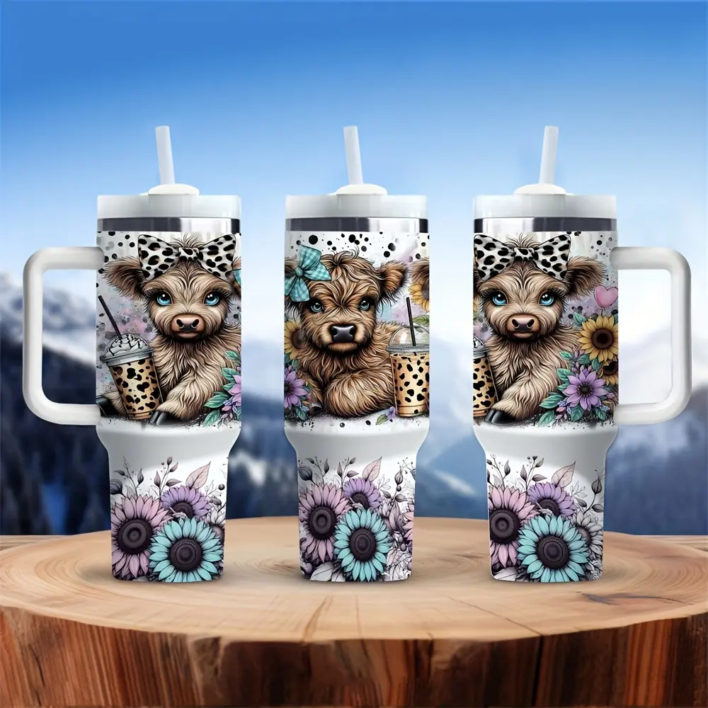 40oz Portable Classic Stainless Steel Insulated Tumbler - Leak-Proof, with Handle and Straw, Cute Highland Cow & Sunflower Animal Design, Thermos for Coffee/Milk, Christmas Gift for Family | Kitchenware Drinkware Vacuum Flask, Animals