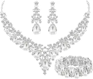 Elegant Bridal Wedding Jewelry Set for Women/Brides/Bridesmaids Teardrop Crystal Leaf Cluster Jewelry Set for Wedding Prom Party Bridal Bridesmaids Rhinestone Crystal Necklace Earrings Bracelet Set