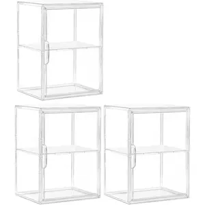 Large Acrylic Display Case, 2 Layer Clear Figure Display for Collectibles with Door, Acrylic Box with Movable Dividers 3 Pack