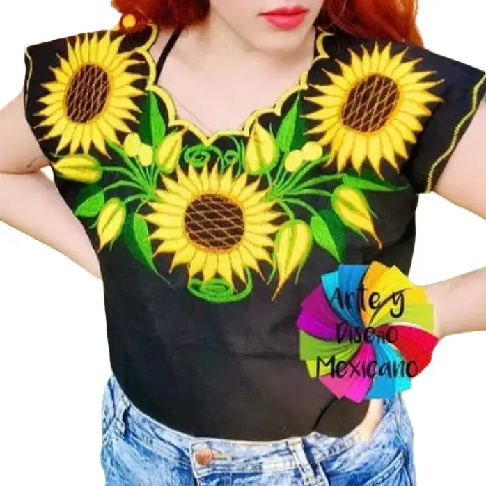 Beautiful Mexican traditional woven Cholula blouse. Woven with sunflowers over manta fabric. Blusa bordada mexicana artesanal Birthday gift for her coquette mom handmade made in Mexico clothes.