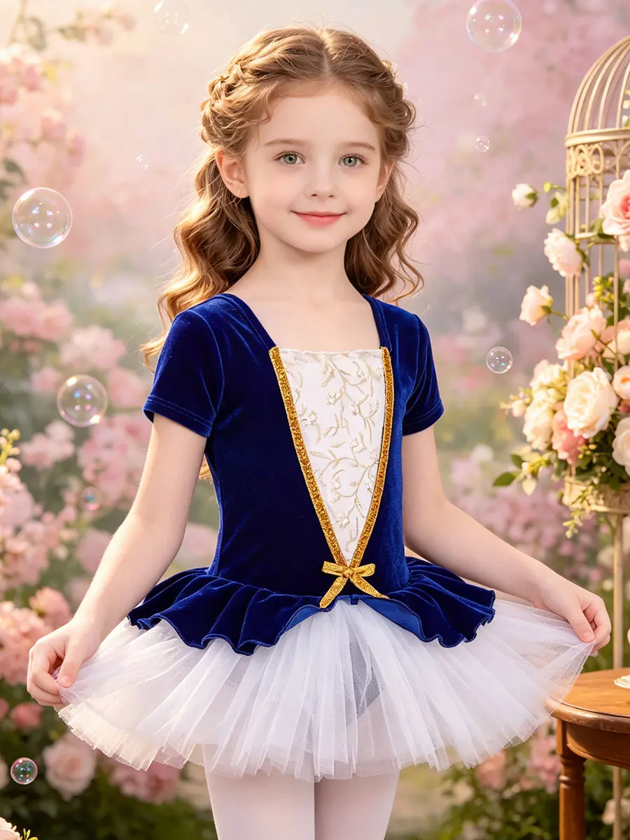 Pink Short Sleeve Kids Dance Outfit White Mesh Tutu With Gold Lace Decor For Toddler Little Girls Ballet Class Birthday Party Stage Performance