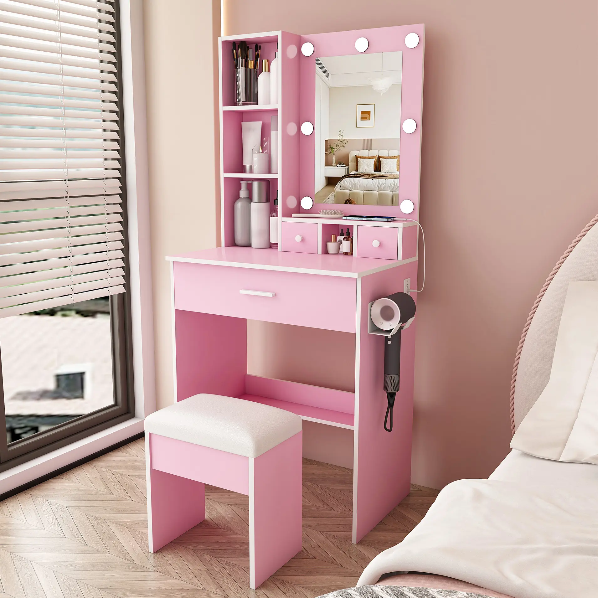 Glam White Wood Compact Adjustable Vanity Table with LED Lighted Mirror, Built-in Charging Station, Hairdryer Holder, Drawers, Storage & Stool - Luxury Vanity Suite for Small Bedrooms, Skin Care Steps