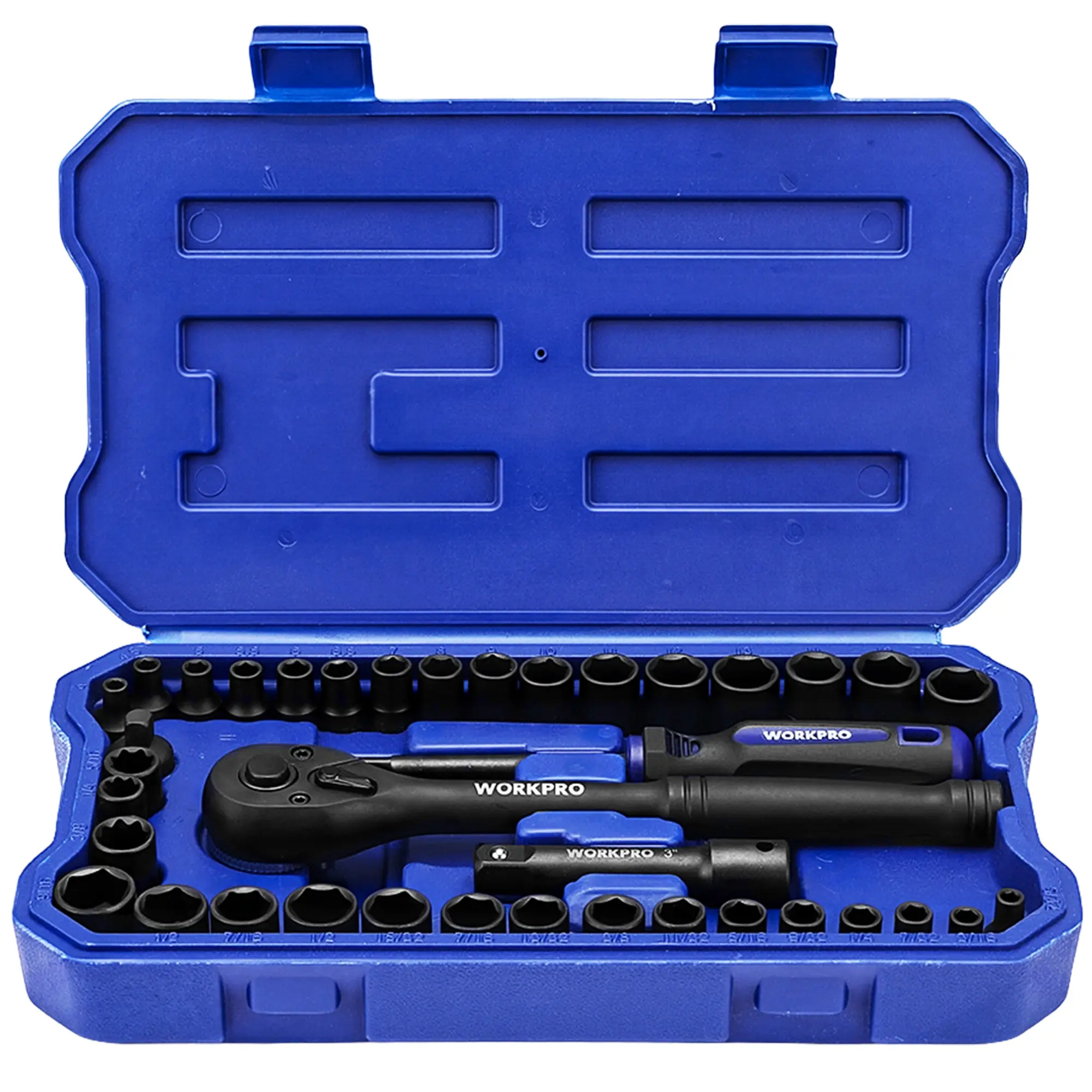 #backtoschool WORKPRO 39PACK Drive Socket Wrench Set, 1/4'' & 3/8'' Sockets Kit, 3/8" Ratchet, Extension Bar, Spinner Handle & Adapter, Premium Black Phosphate Finish Mechanics Tool Set with Tool Box, Metric & SAE