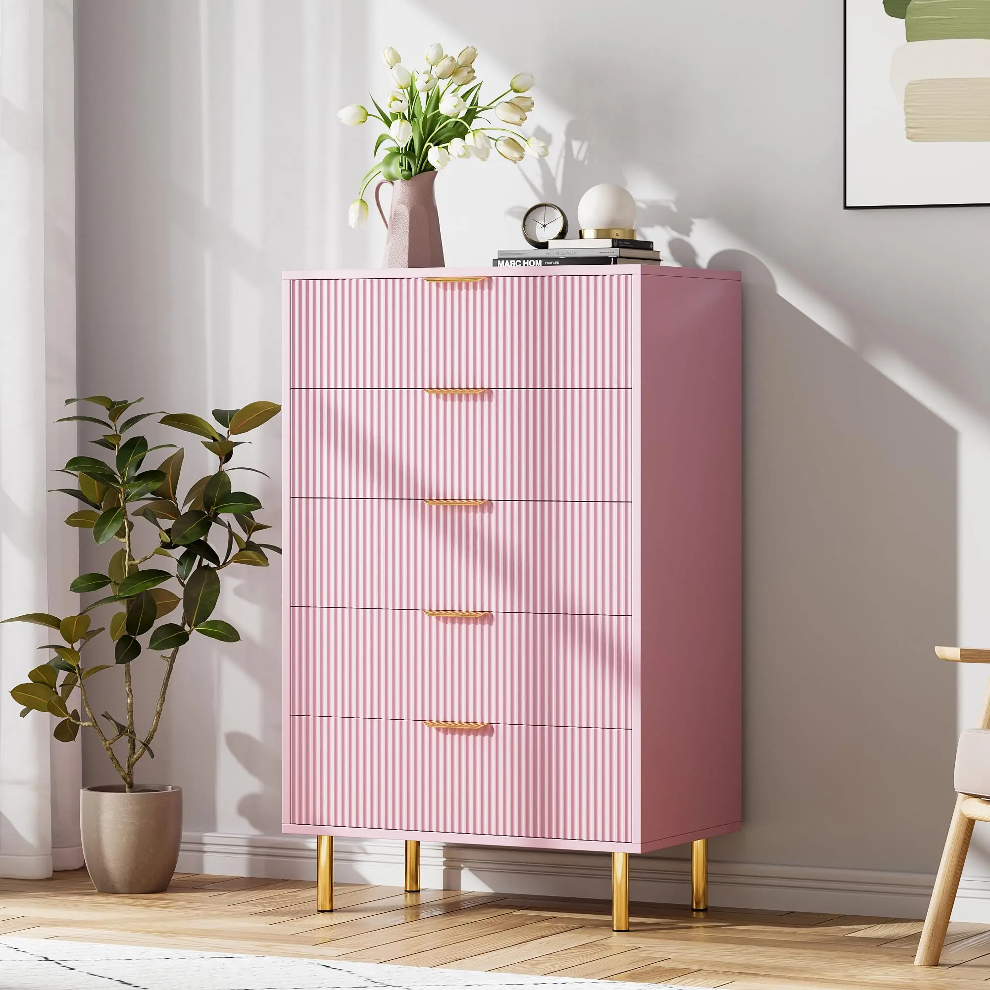 Garvee Modern 5-Drawer Wood Dresser with Gold Handles Featuring Large  Storage Drawers and Anti-Tipping Device, Perfect for Bedroom, Living Room,  Hallway, and Entryway as a Stylish and Functional Organizer - TikTok Shop