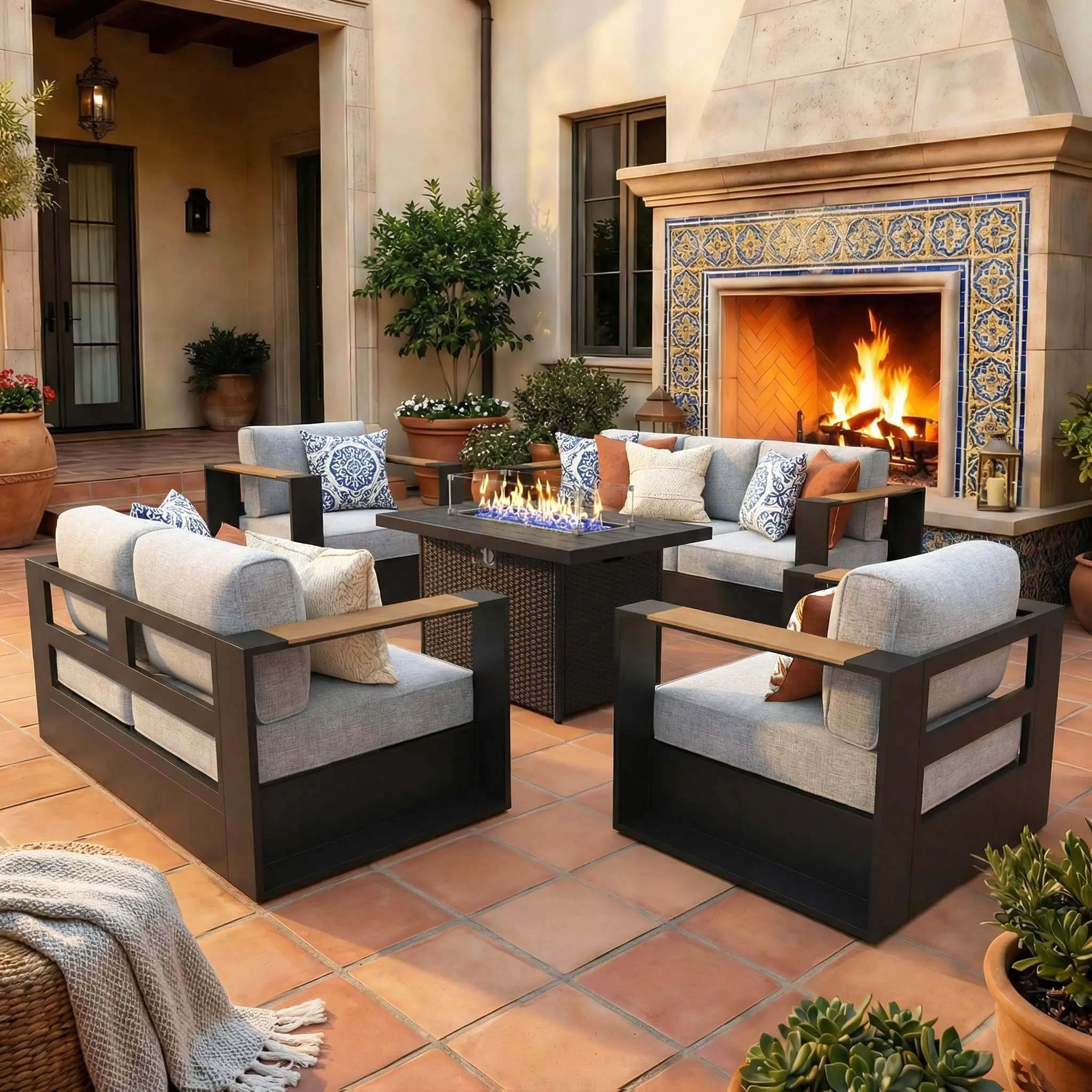 LayinSun Durable Aluminium Outdoor Furniture Set - 4/5 Package Shipping, 44in Fire Pit Table, Oversized Conversation Set with 6" Thick Cushions, 400 lbs Capacity, Powder-Coated Finish, Color-Block Design for Porch, Backyard Oasis