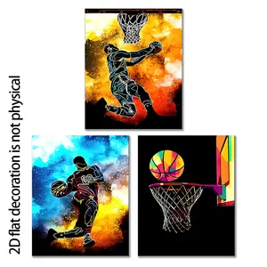 2D Flat 3pcs  Frameless 8x10 Inch Cute Neon Basketball Art Wall Posters, High-energy Motivational Wall Decor, Modern Home Decor, Perfect for Teen Rooms and Entertainment Spaces