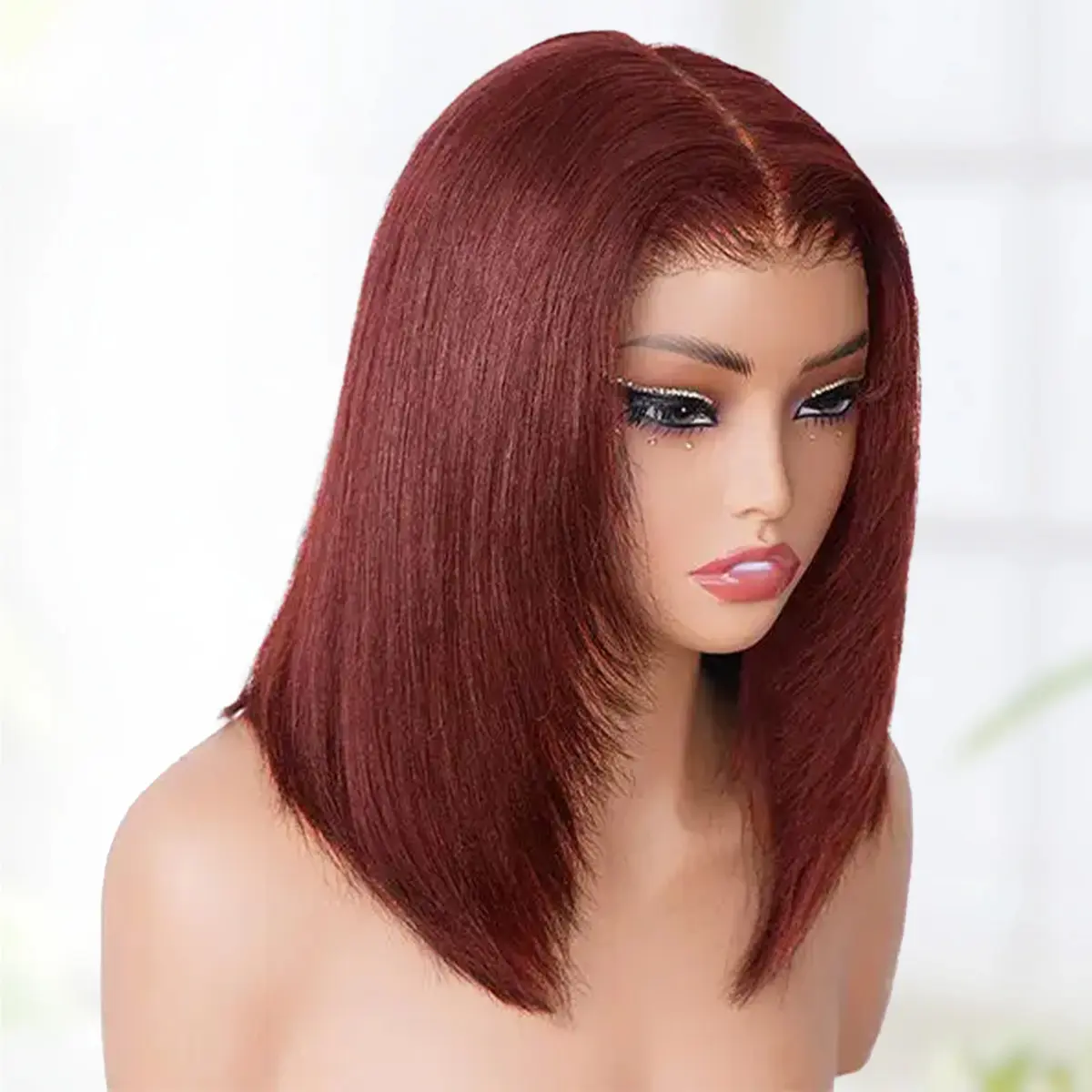 CurlyMe 9x6 Tpart Wear Go Layered Cut Reddish Brown Yaki Straight Bob Wig Deep Part Lace Glueless Wig
