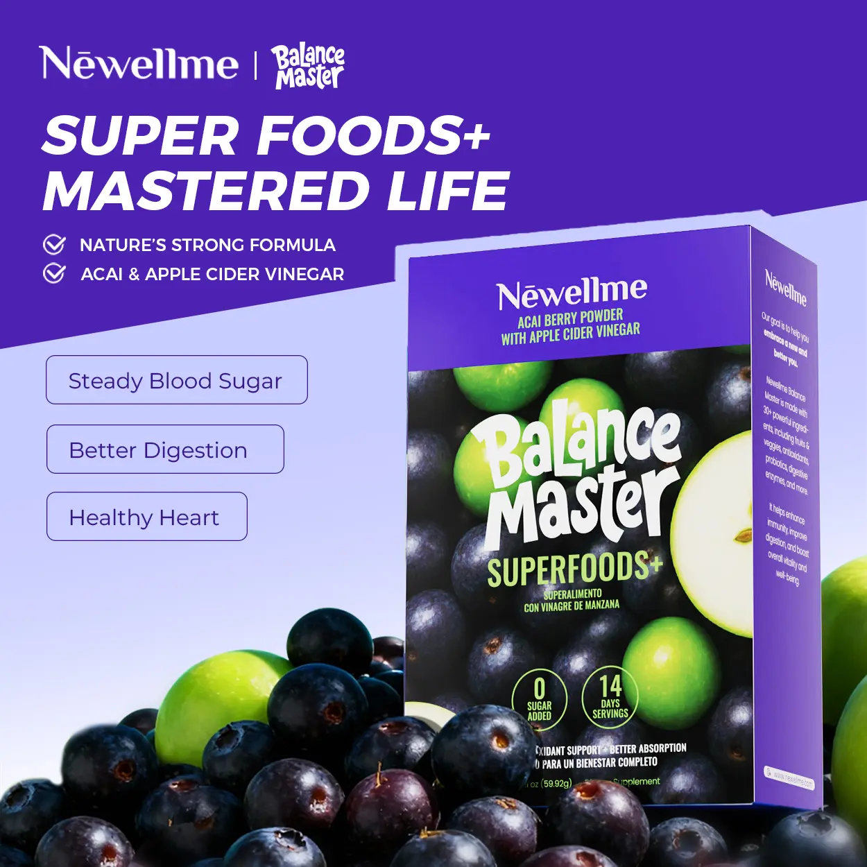 Newellme Balance Master Superfoods+ Apple Cider Vinegar Powder for Blood Sugar Balance & Gut Health Antioxidant Support for Overall Digestive Wellness