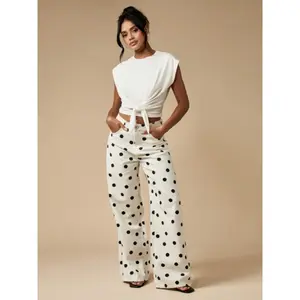 Women's fashionable abstract polka dot print loose pocket casual wide leg pants, comfortable high waisted Bohemian pants, suitable for daily wearRAIMENTRY