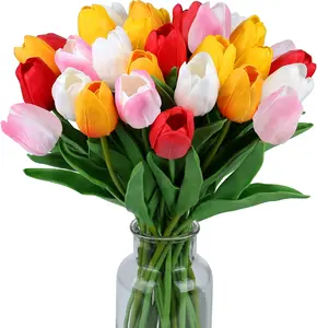Fake Flowers Tulips Artificial Flower 15pcs Real Touch PU 14" for Spring Easter Home Kitchen Wedding Bouquet Bulk Mother's Gift Day Decorations(Assorted Colors,5)