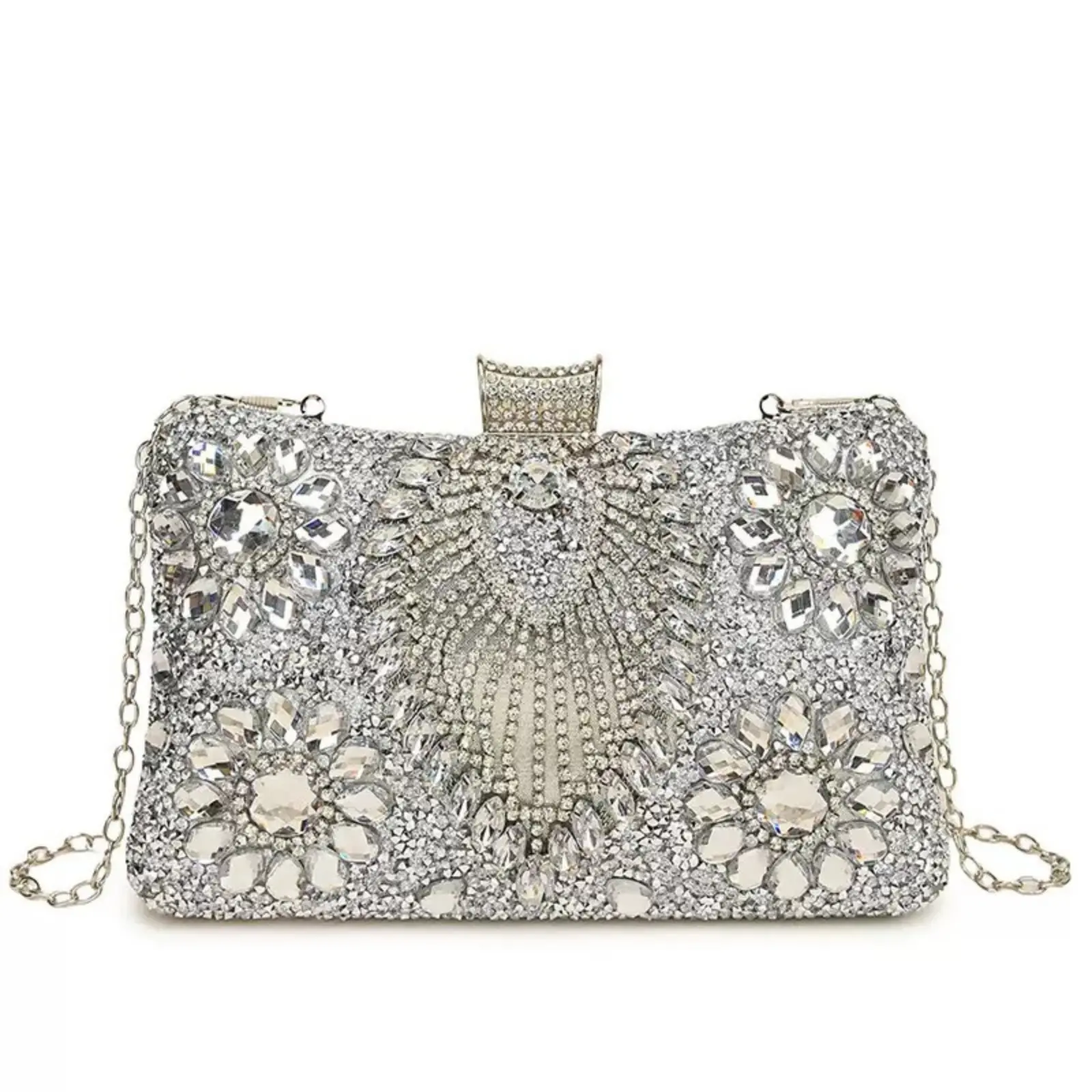 Women's Silver Rhinestone-Embellished Chain Strap Clutch - Detachable Chain, Versatile Shoulder/Crossbody/Party Wallet for Weddings, Christmas Celebrations