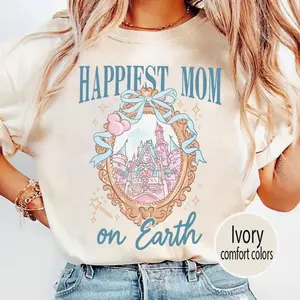 Coquette Happiest Mom On Earth Shirt, Castle Coquette Bow T-shirt, Mama Tee, Family Trip Outfit B