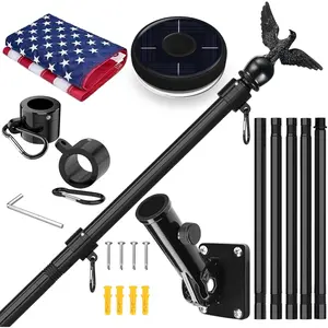 6FT Black Flag Pole Kit for Outside House with  Flag & Solar Light,1" Thickened Stainless Steel Wall Mount Flagpole with 180?Adjustable Bracket for Residential Outdoor PorchPorch