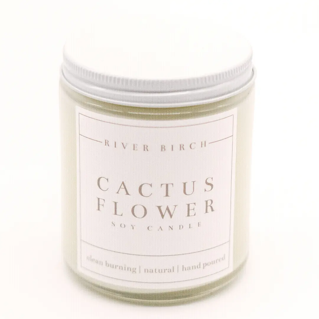 River Birch Cactus Flower - Clear Jar 8.5oz Soy Candle | Decorative Succulent Aroma | Clean Burning Natural Hand Poured Scented Ornament