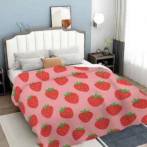 Pink Strawberry Pattern Blanket, Soft Knitted Fabric Multi-Size Warm Throw, Home Decor Comfortable Fashion Design for All Seasons