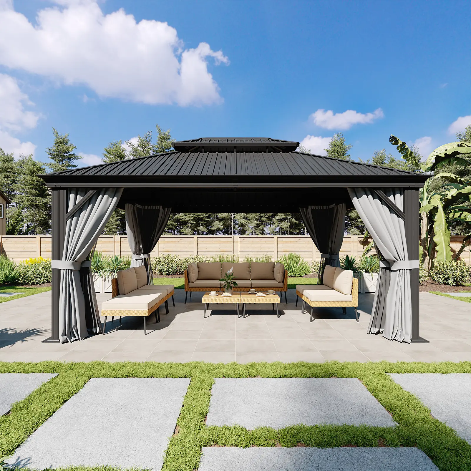 Aoxun 12'x16' Rectangular Permanent Hardtop Gazebo, Galvanized Steel Double Roof, Aluminum Frames, Outdoor Shade Pavilion for Patio, Nettings & Curtains Included, Gray