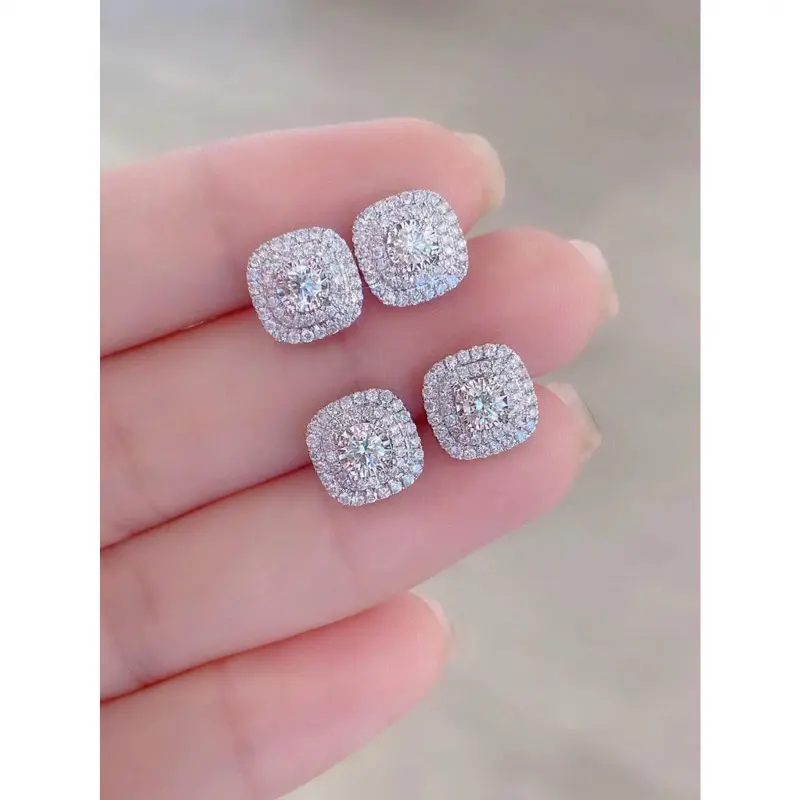 2pcs Dazzling Cubic Zirconia Studs Earrings, Square Iced Out Earrings ,Hip Hop Jewelry,Idea Gift For Anniversary/ Birthday/Valentine's Day Sterling Silver Set Plastic Posts and Backs