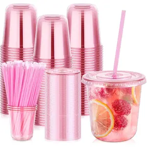 50 Pack Pink Clear Plastic Cups with Lids and Straws, 12 oz Disposable To Go Iced Coffee Cup for Cold Drinks Smoothie Juice, Rounded Bottom Plastic Cup for Birthday Wedding Meeting Party