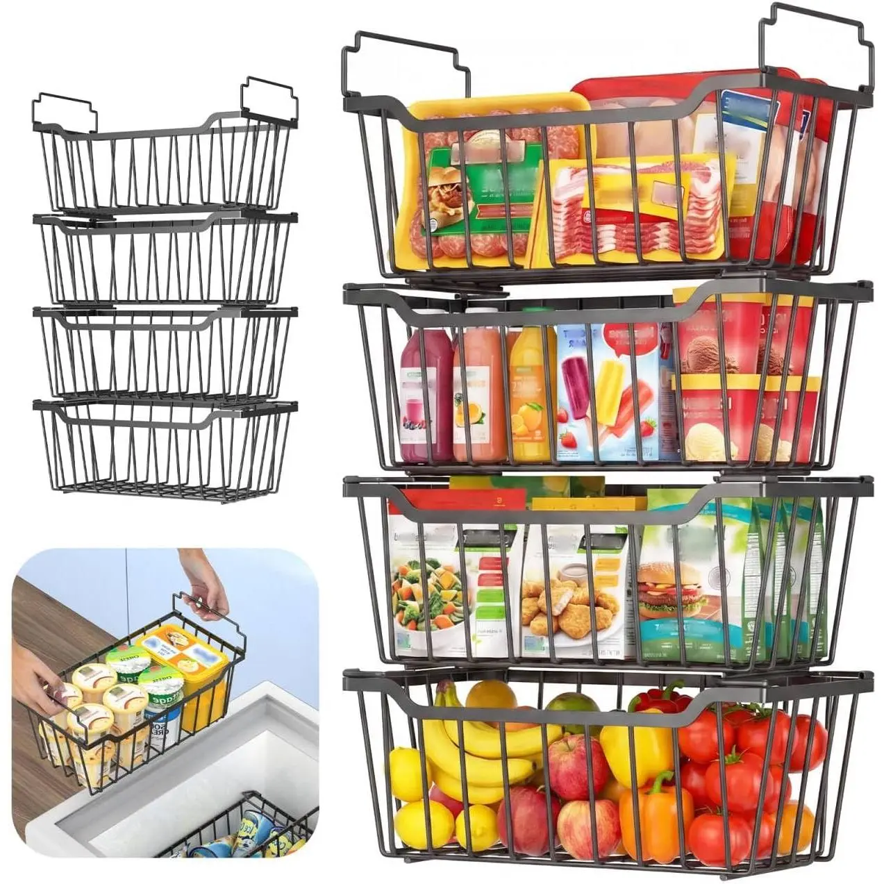 Freezer Organizer Bins with Foldable Handle, 8 Pack Stackable Freezer Baskets for 3.5-7 Cu.FT Deep Chest Freezer Organization, Coated Freezer Bins with Utilization