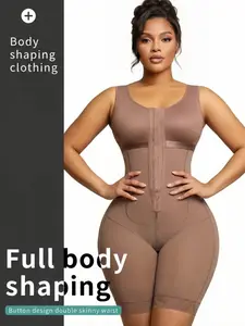 1 Count Snatched Black U-Neck Shapewear Bodysuit Fajas Colombian Shapewear, Women's Firm Tummy Control Butt Lifter Body Shaper Jumpsuit with Front Adjustable Hooks & Mid-Thigh Lace Trim, Everyday Slimming Compression Body Shaperwear
