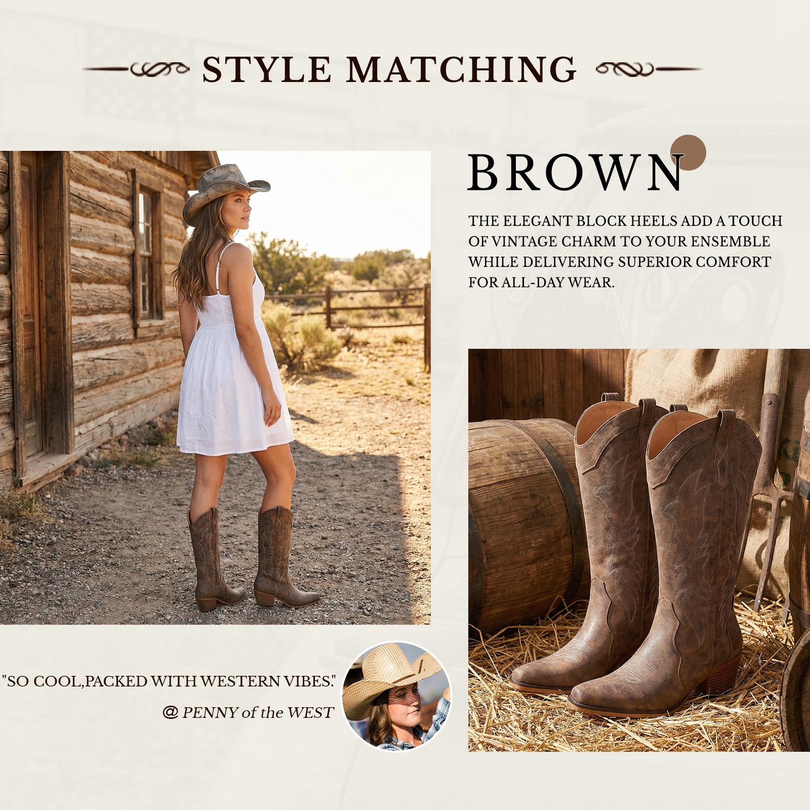 FLORALIE Women's Cowboy Boots: Pointed Toe with Embroidered Detailing, Chunky Heel Mid-Calf Design, Classic Retro Embroidery – Ideal for Country Concerts, Dancing, Weddings, Travel, and Daily Wear